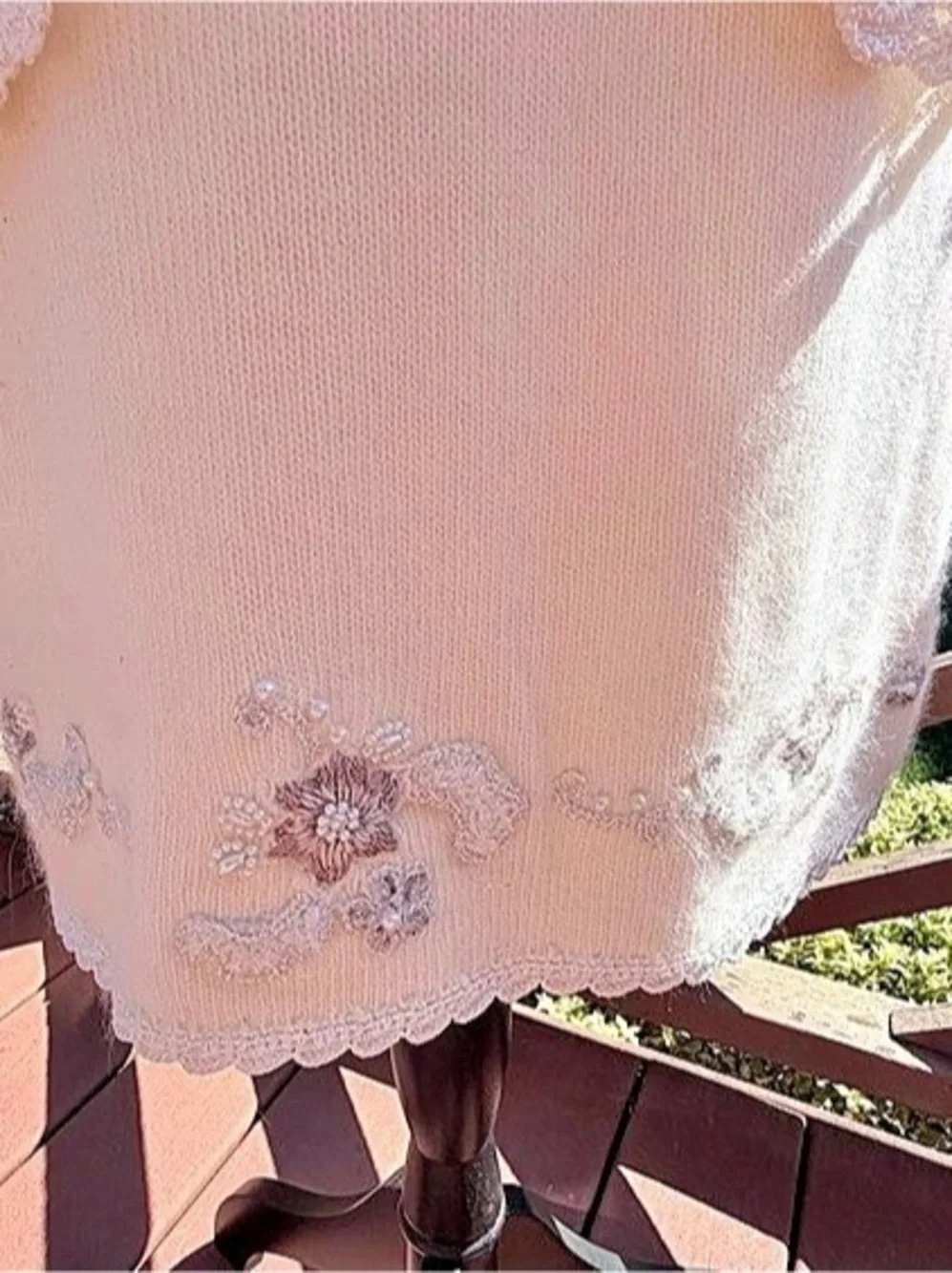 Vintage 90 Ivory Angora Knit Peplum Skirt & Sweater Set Floral Beaded Lace M
